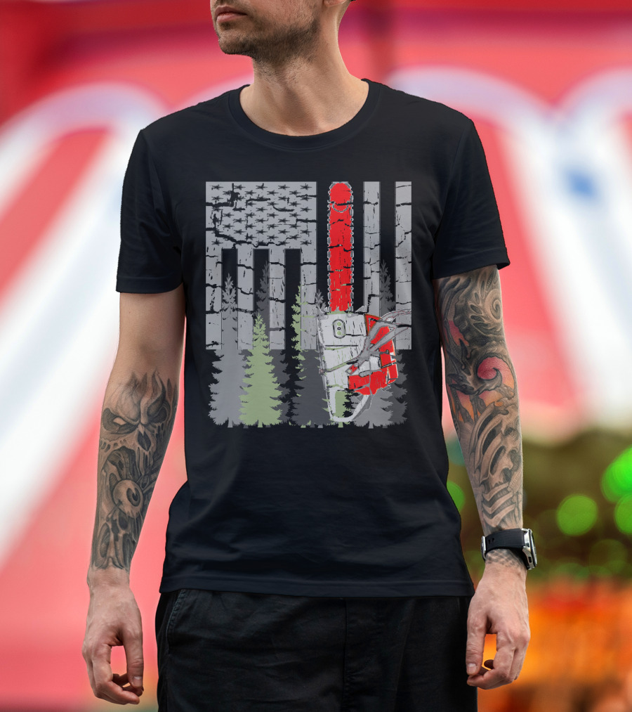 Thin Red Line Chainsaw Forest American Flag T-Shirt