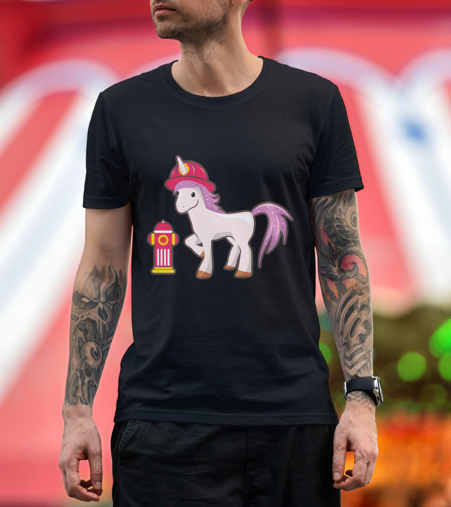 Unicorn Wearing Firefighter Helmet Next to Fire Hydrant T-Shirt