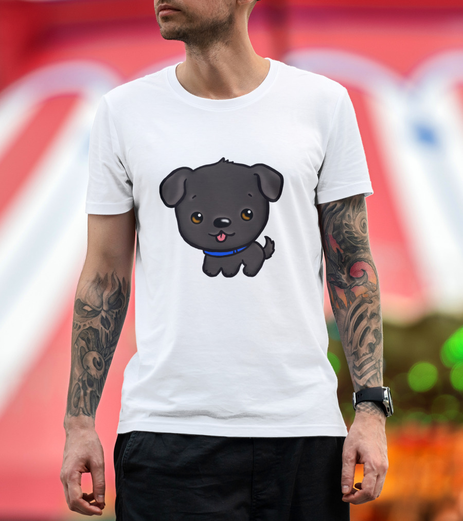 Charming Black Labrador Puppy Cartoon with Blue Collar T-Shirt
