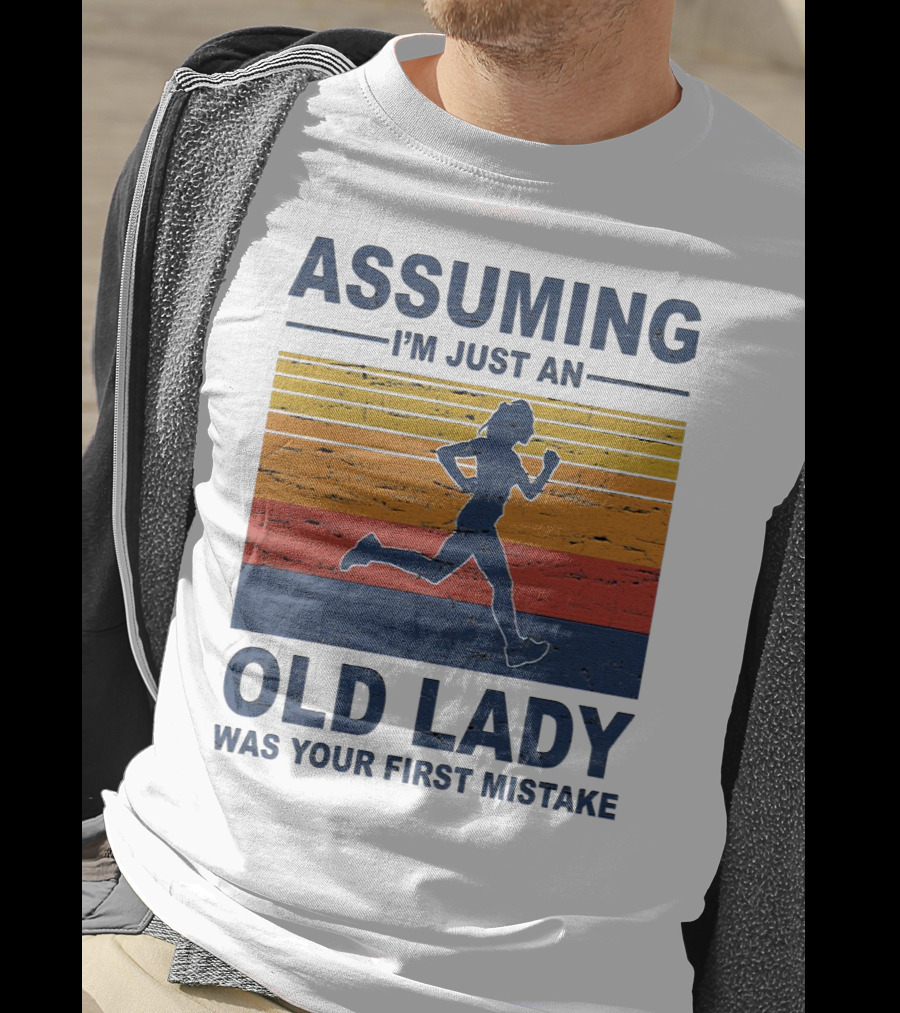 Assuming I'm Just An Old Lady Running Silhouette Retro Stripes T-Shirt
