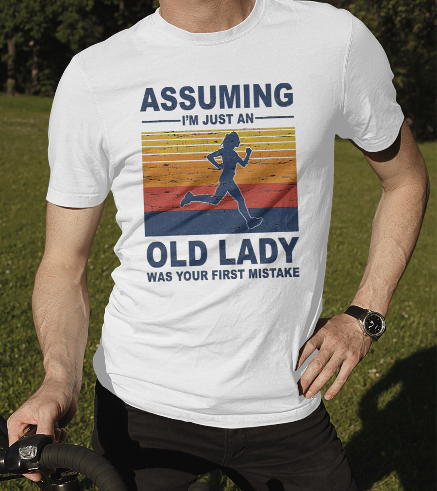 Assuming I'm Just An Old Lady Running Silhouette Retro Stripes T-Shirt