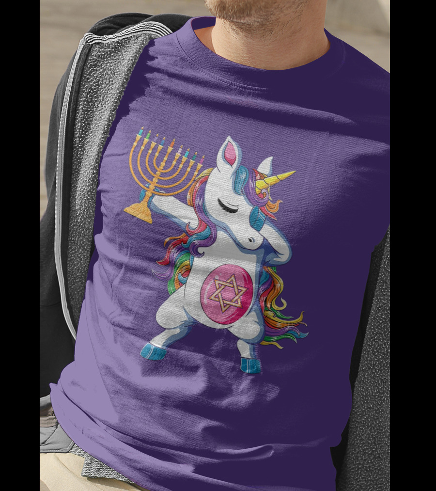 Jewnicorn Hanukkah Unicorn Dabbing With Menorah And Star Of David T-Shirt