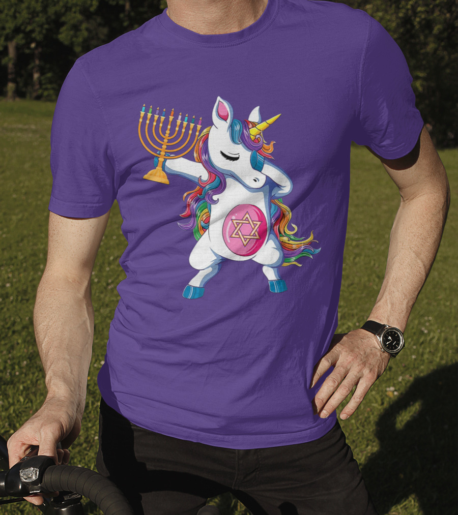 Jewnicorn Hanukkah Unicorn Dabbing With Menorah And Star Of David T-Shirt