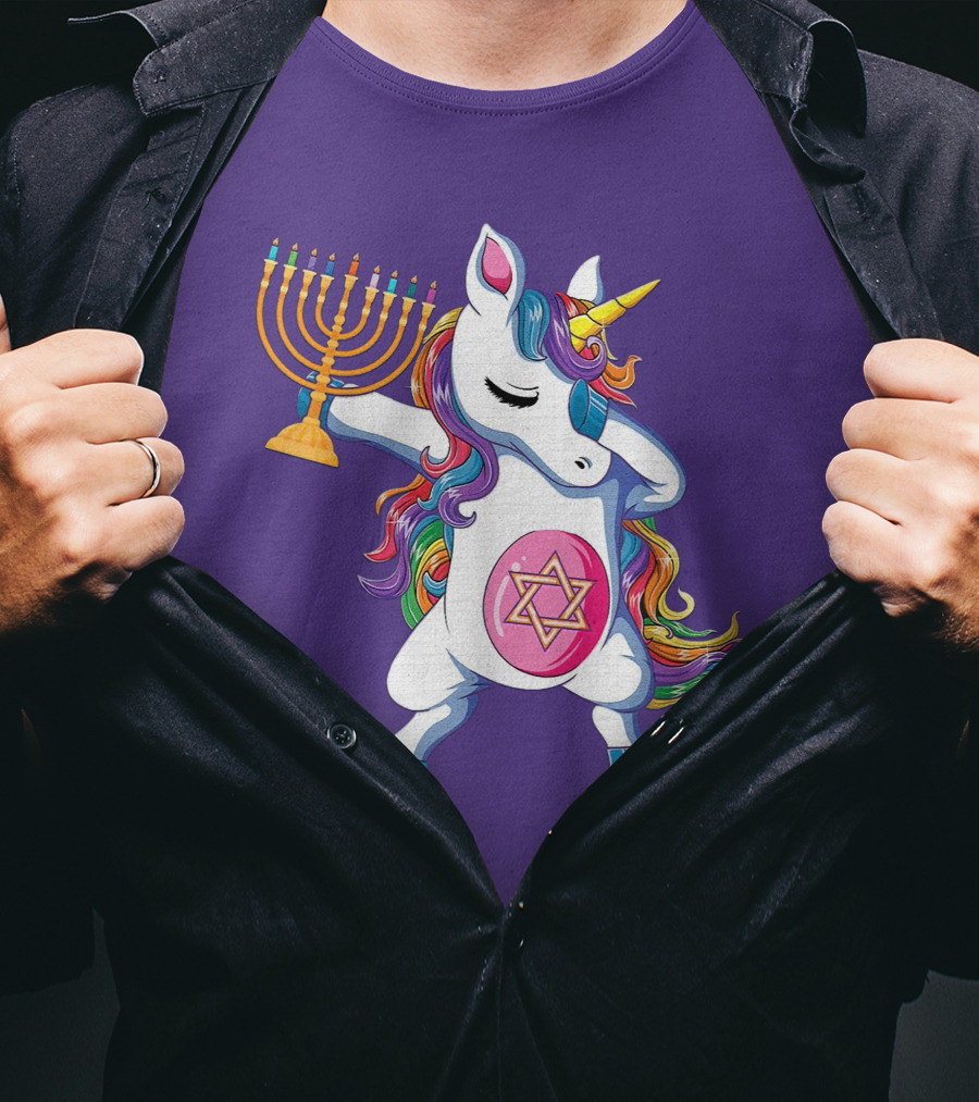 Jewnicorn Hanukkah Unicorn Dabbing With Menorah And Star Of David T-Shirt