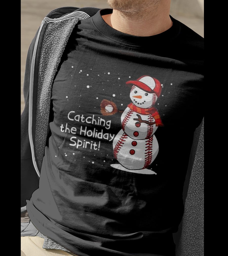 Catching The Holiday Spirit Baseball Snowman With Red Cap And Mitt T-Shirt