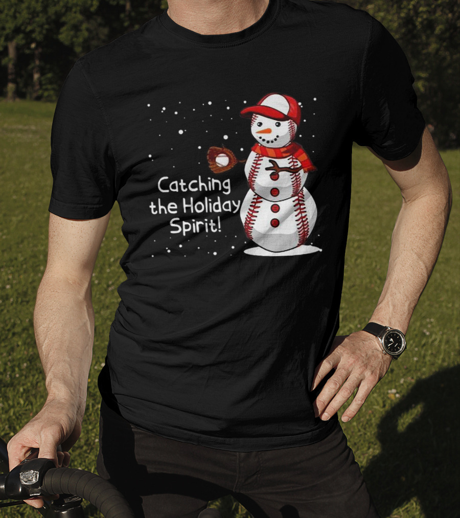 Catching The Holiday Spirit Baseball Snowman With Red Cap And Mitt T-Shirt