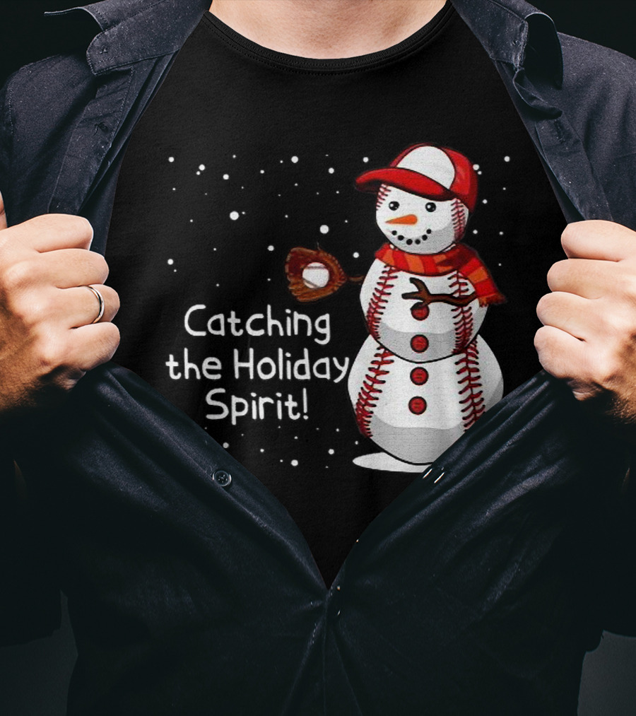 Catching The Holiday Spirit Baseball Snowman With Red Cap And Mitt T-Shirt