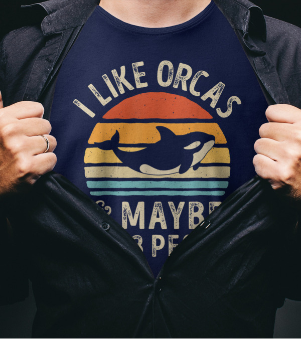 I Like Orcas And Maybe Like 3 People Orca Killer Whale Retro Sunset T-Shirt