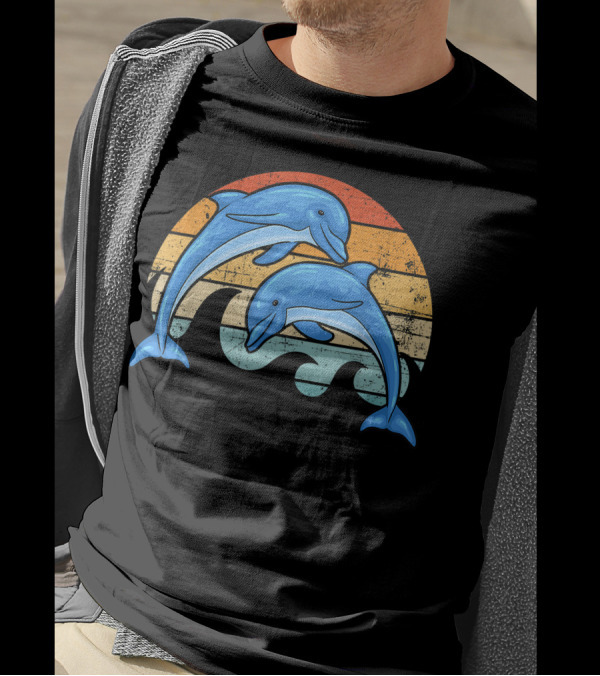 Vintage Sunset Striped Dolphin Pair T-Shirt