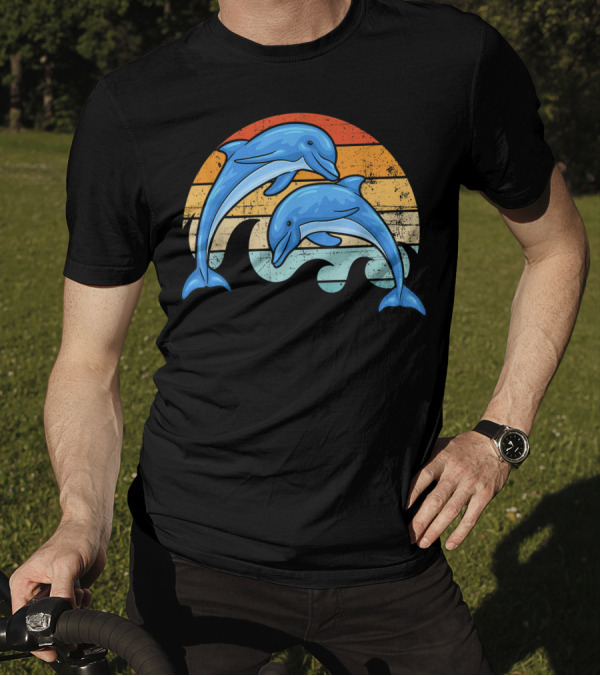 Vintage Sunset Striped Dolphin Pair T-Shirt