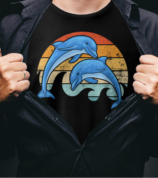Vintage Sunset Striped Dolphin Pair T-Shirt