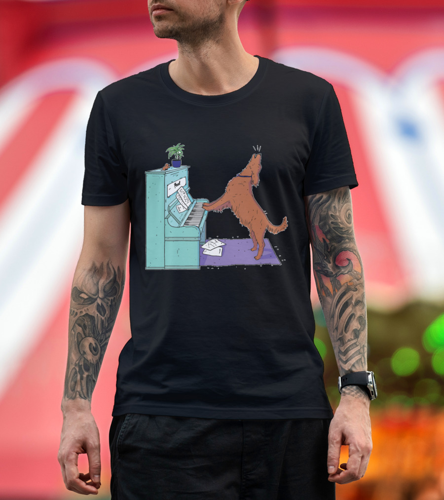 Singing Dog Playing Piano with Sheet Music and Plant T-Shirt