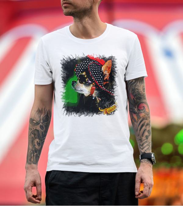 Premium T-Shirt: Polka Dot Glam Chihuahua in Sunglasses and Hat T-Shirt Polka Dot Glam Chihuahua in Sunglasses and Hat T-Shirt