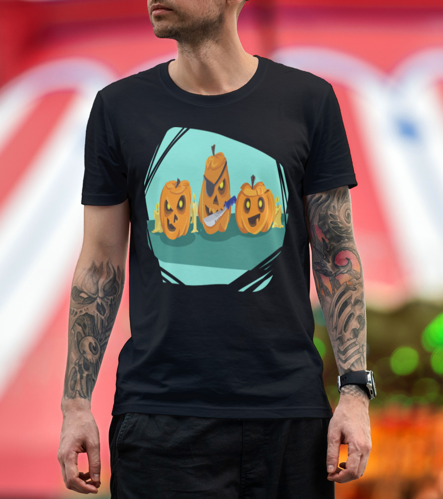 Pumpkin Halloween Knife Candle Creepy Jack-O'-Lantern Trio T-Shirt