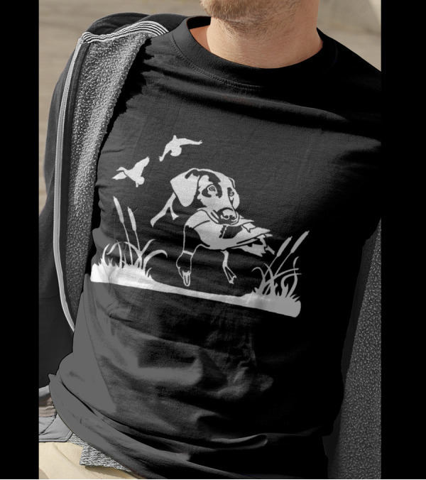 Bird Dog With Duck In The Marsh With Willow Grass And Flying Birds T-Shirt