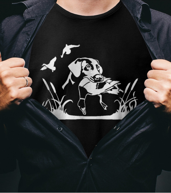 Bird Dog With Duck In The Marsh With Willow Grass And Flying Birds T-Shirt