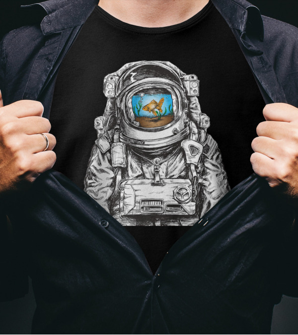 Spacesuit Astronaut With Fish Tank Helmet And Goldfish T-Shirt