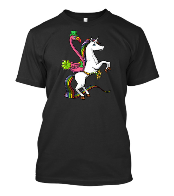 Flamingo In Green Hat Riding Rainbow Unicorn With Four-Leaf Clover T-Shirt