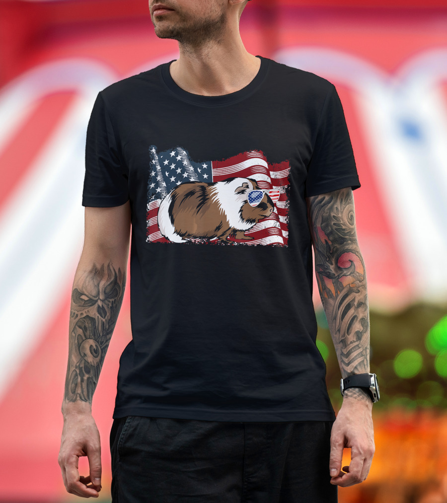 Guinea Pig With American Flag Sunglasses 4th Of July T-Shirt