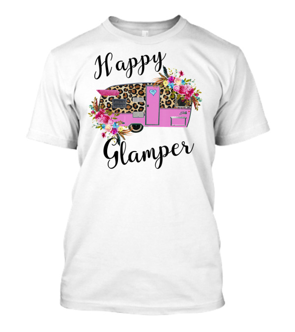 Happy Glamper Leopard Print Camper With Floral Accents T-Shirt