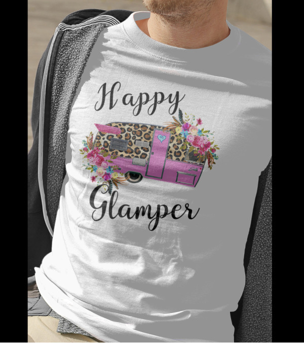 Happy Glamper Leopard Print Camper With Floral Accents T-Shirt