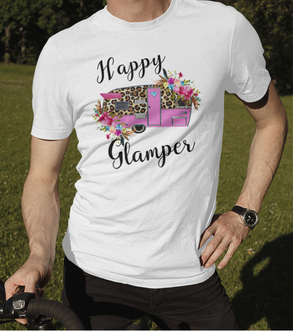 Happy Glamper Leopard Print Camper With Floral Accents T-Shirt