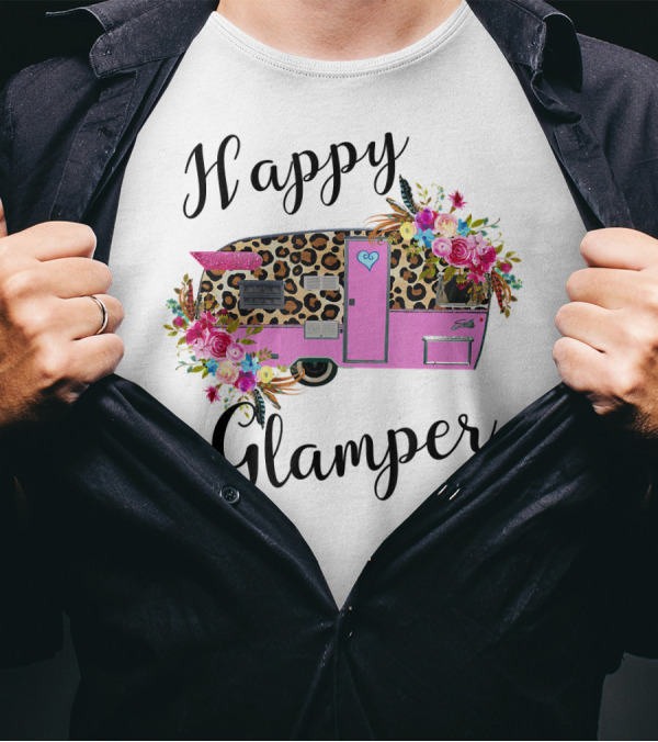 Happy Glamper Leopard Print Camper With Floral Accents T-Shirt