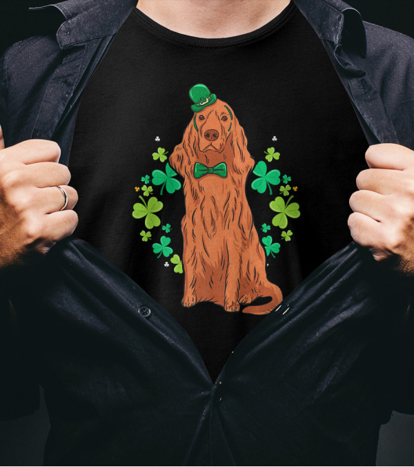 Irish Setter Dog With Shamrocks And Green Bowler Hat T-Shirt