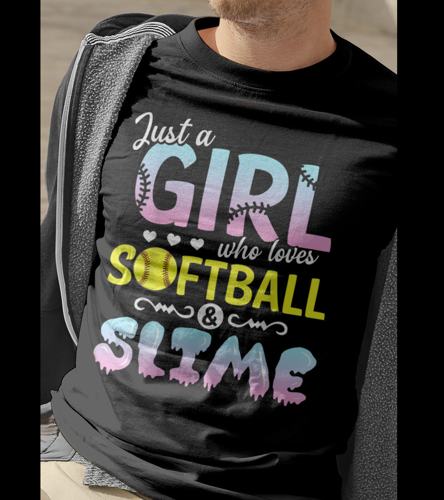 Just A Girl Who Loves Softball And Slime With Pastel Letters And Baseball Stitching T-Shirt