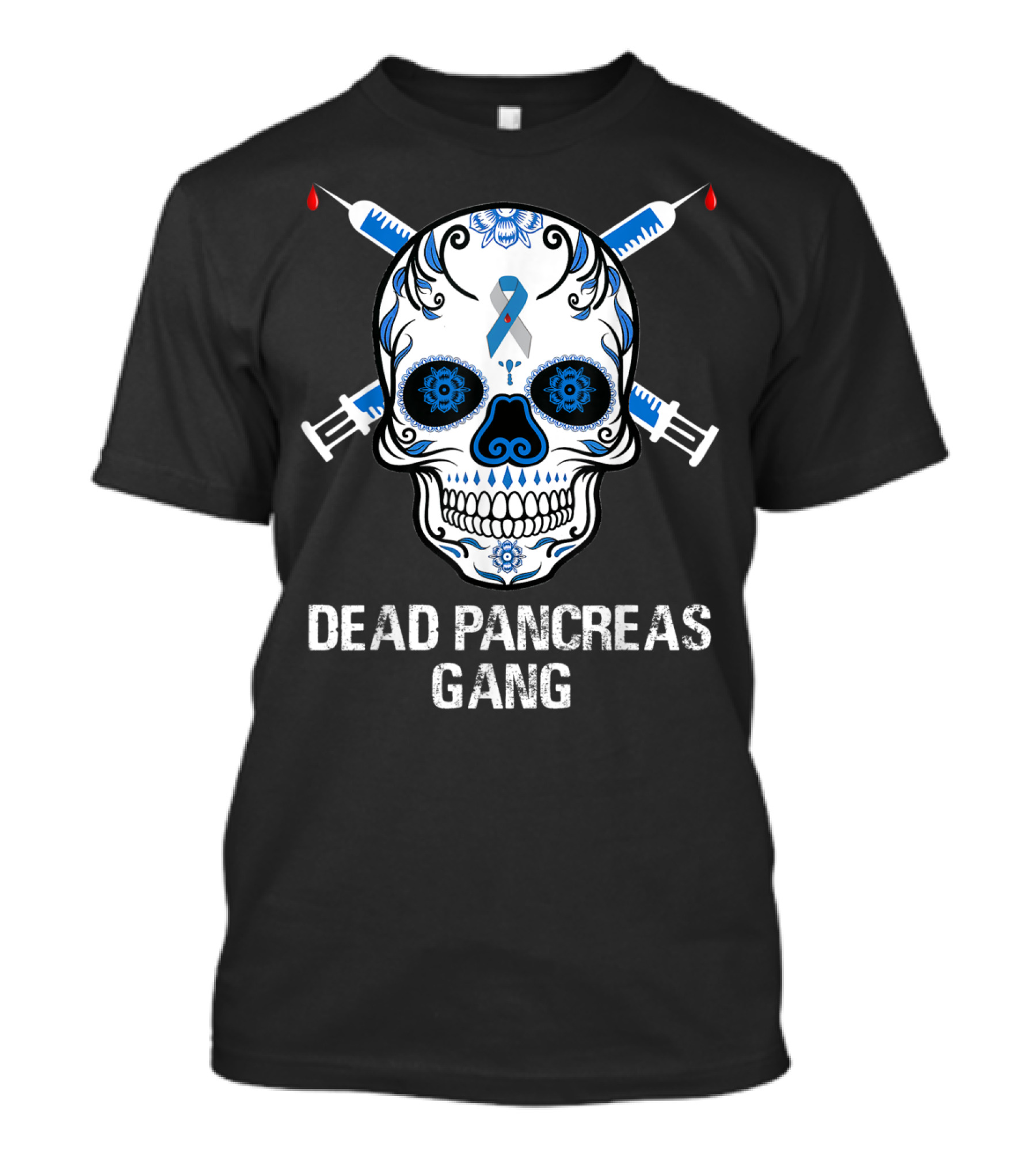 Dead Pancreas Gang Skull Diabetes Awareness Blue Ribbon Syringes T-Shirt