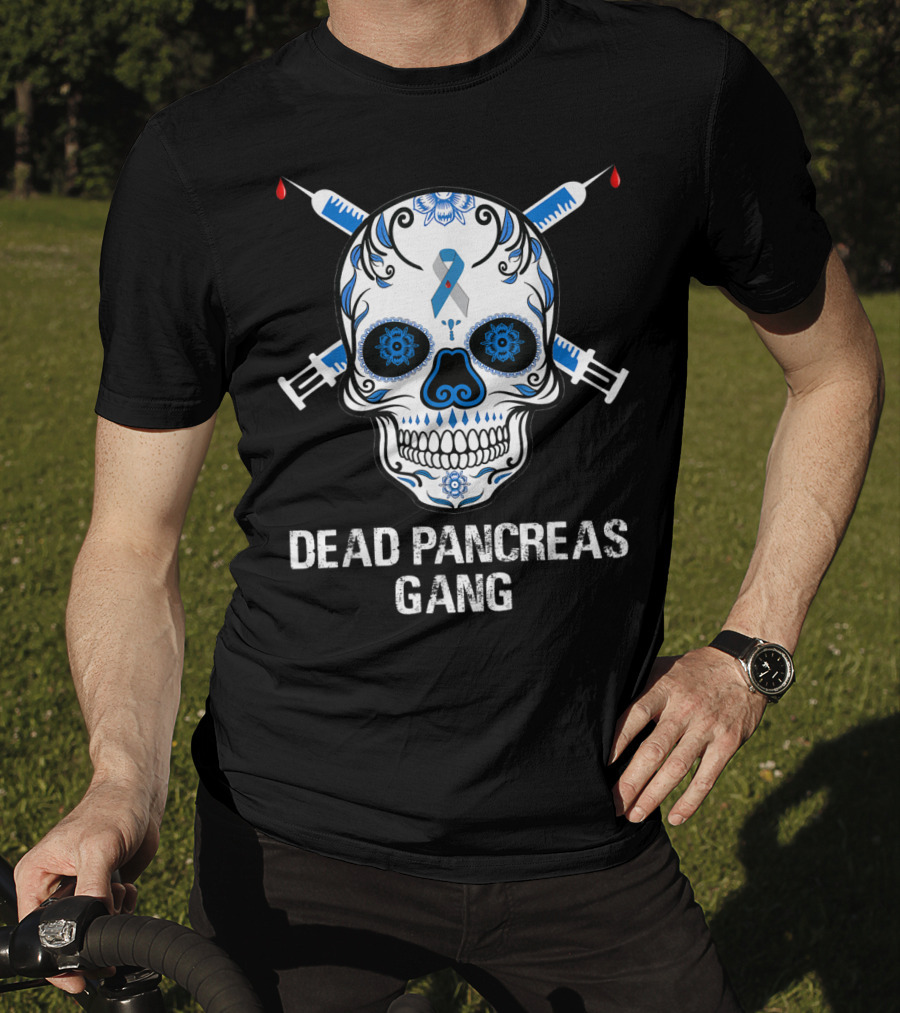 Dead Pancreas Gang Skull Diabetes Awareness Blue Ribbon Syringes T-Shirt