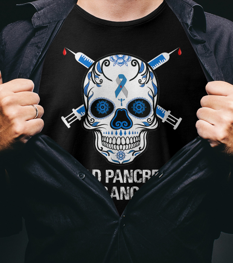 Dead Pancreas Gang Skull Diabetes Awareness Blue Ribbon Syringes T-Shirt