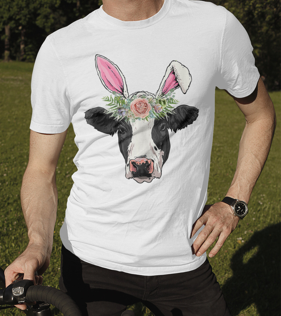 Funny Cow Easter Bunny Flower Crown T-Shirt