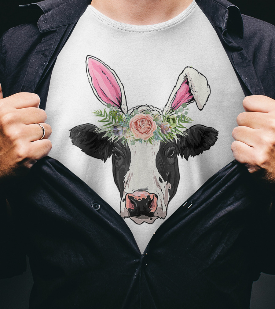 Funny Cow Easter Bunny Flower Crown T-Shirt