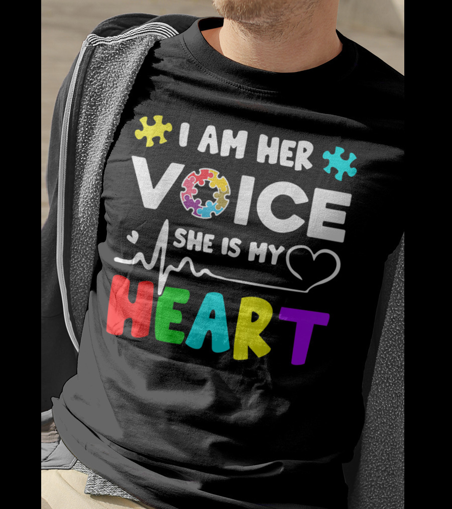 I Am Her Voice She Is My Heart Autism Awareness Puzzle Pieces T-Shirt