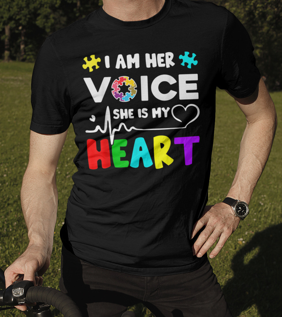 I Am Her Voice She Is My Heart Autism Awareness Puzzle Pieces T-Shirt