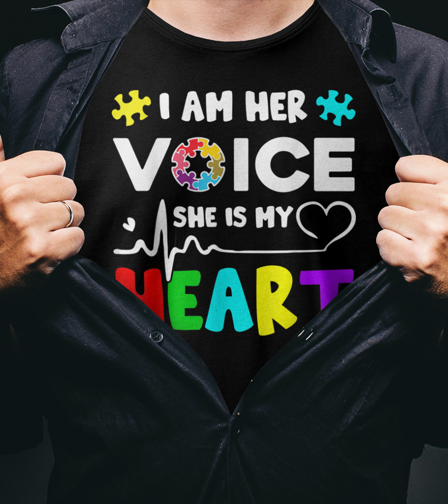 I Am Her Voice She Is My Heart Autism Awareness Puzzle Pieces T-Shirt