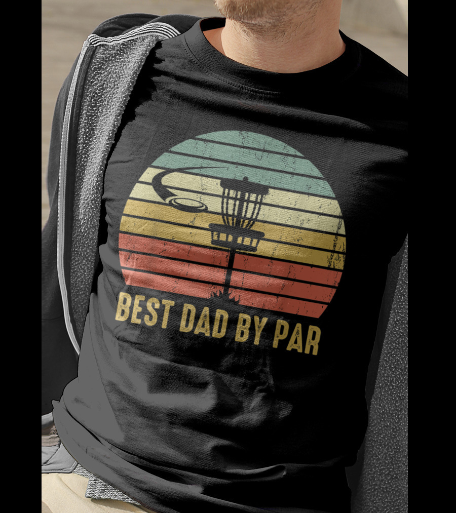Best Dad By Par Vintage Disc Golf Basket Retro Sunset T-Shirt
