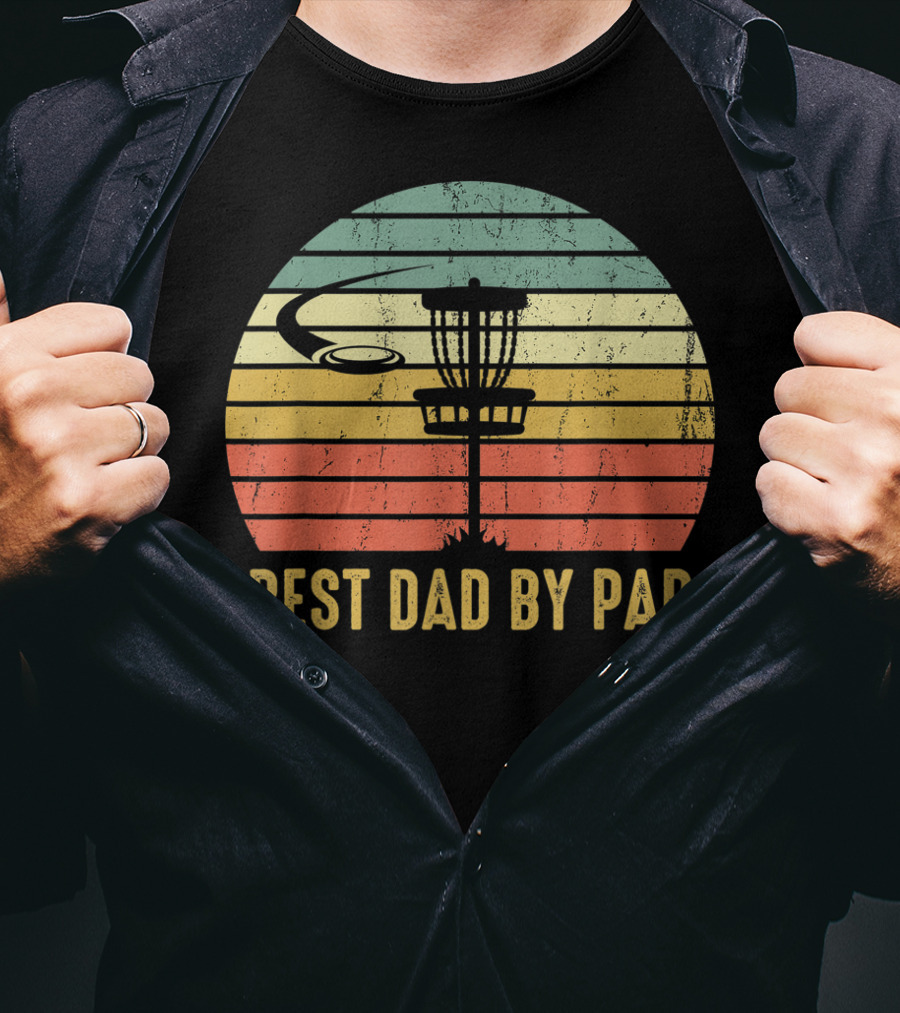 Best Dad By Par Vintage Disc Golf Basket Retro Sunset T-Shirt