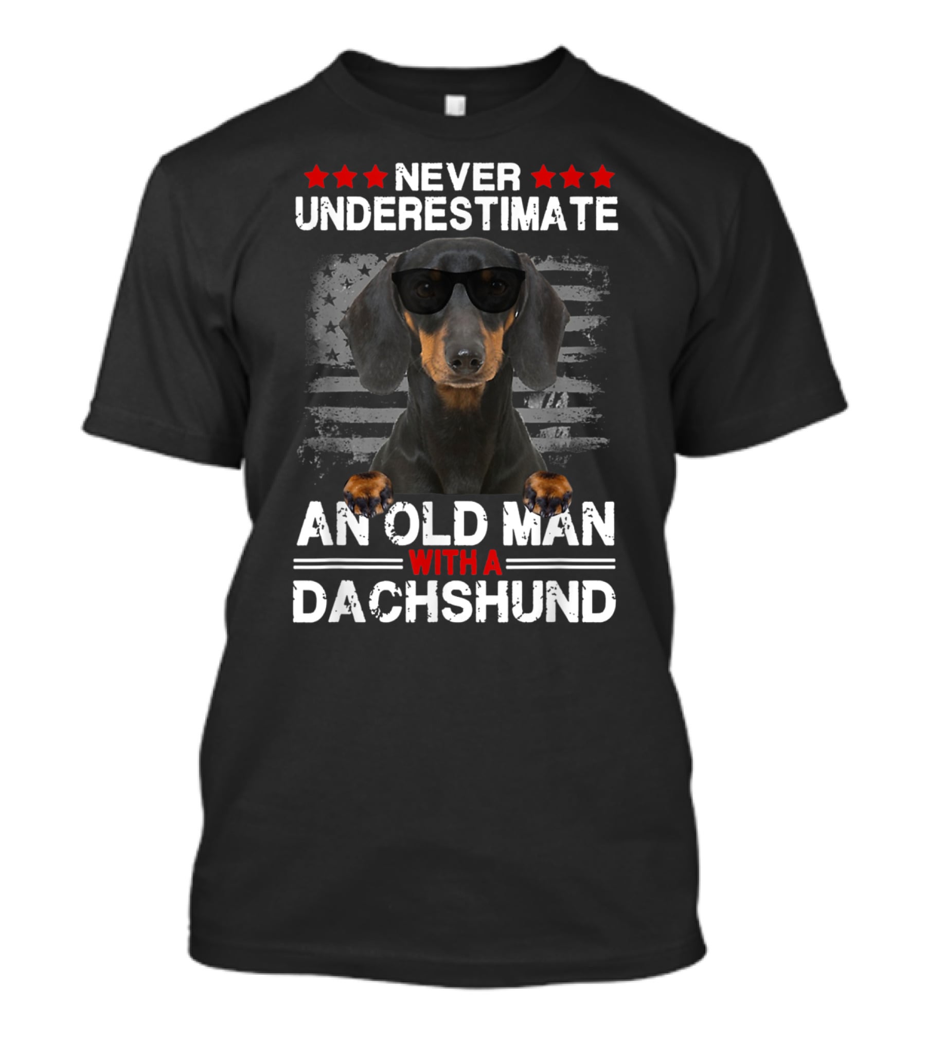 Never Underestimate An Old Man With A Dachshund Dog Dad Sunglasses And American Flag Background T-Shirt