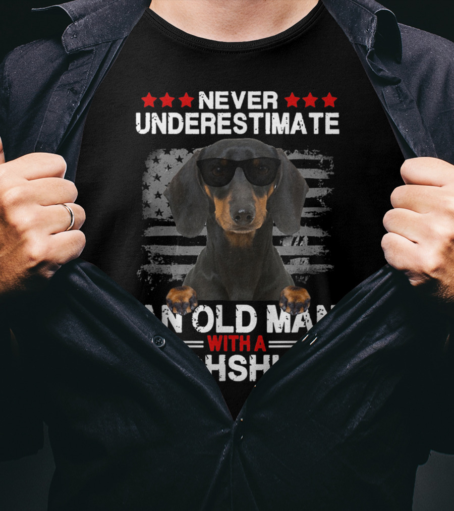 Never Underestimate An Old Man With A Dachshund Dog Dad Sunglasses And American Flag Background T-Shirt