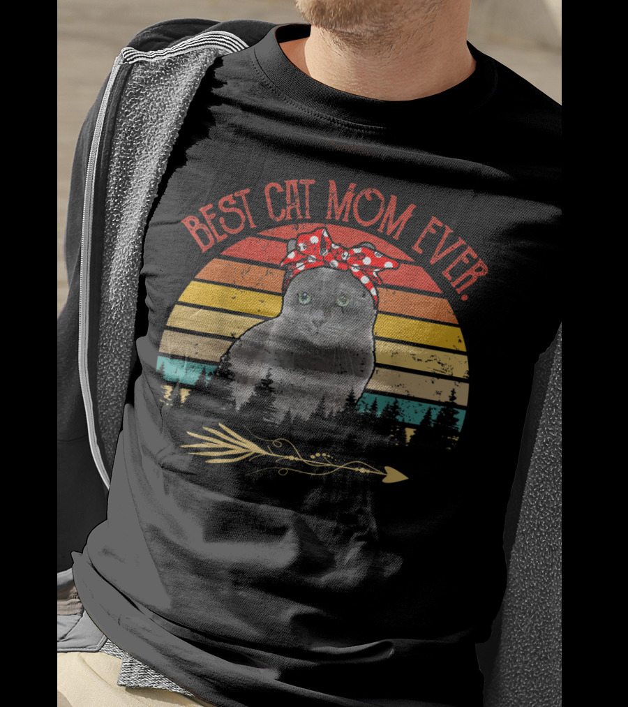 Best Cat Mom Ever Vintage Russian Blue Cat Sunset T-Shirt