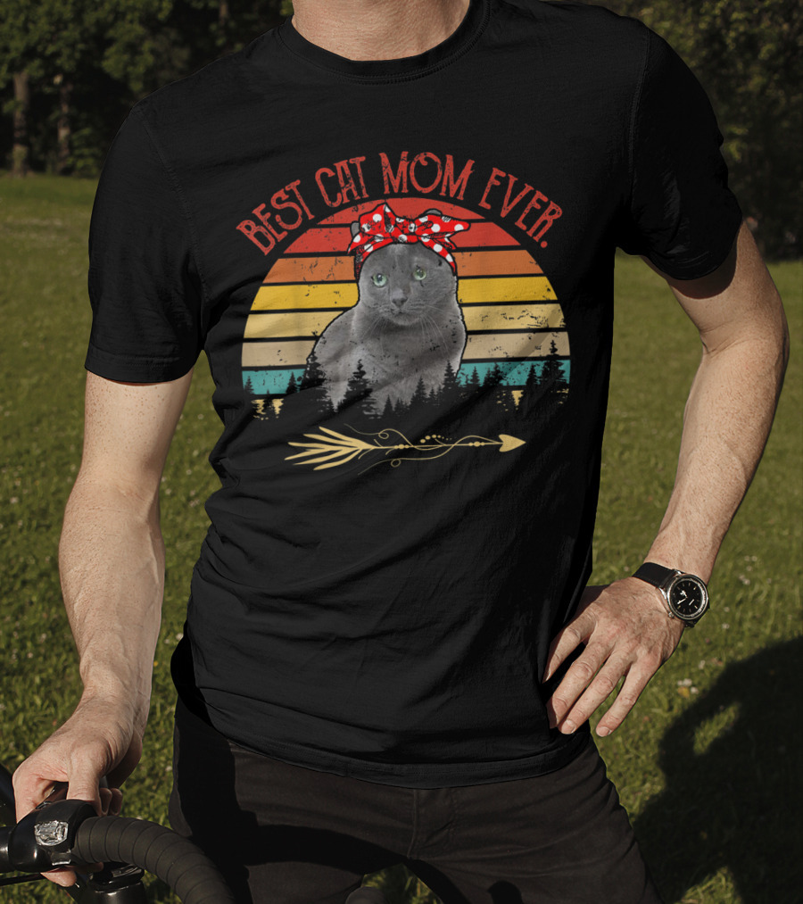 Best Cat Mom Ever Vintage Russian Blue Cat Sunset T-Shirt