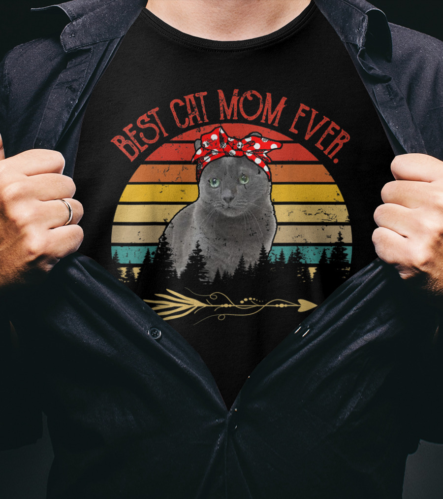 Best Cat Mom Ever Vintage Russian Blue Cat Sunset T-Shirt