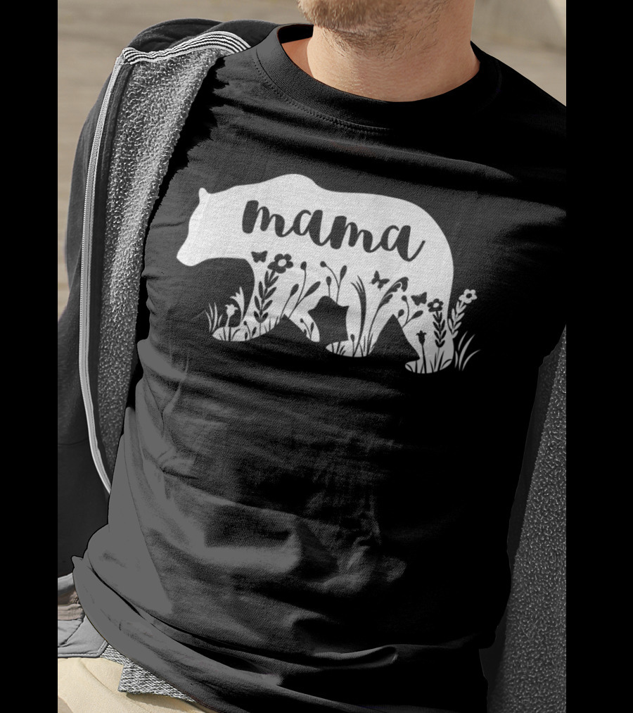 Mama Bear Floral With Flowers And Butterflies Motif T-Shirt