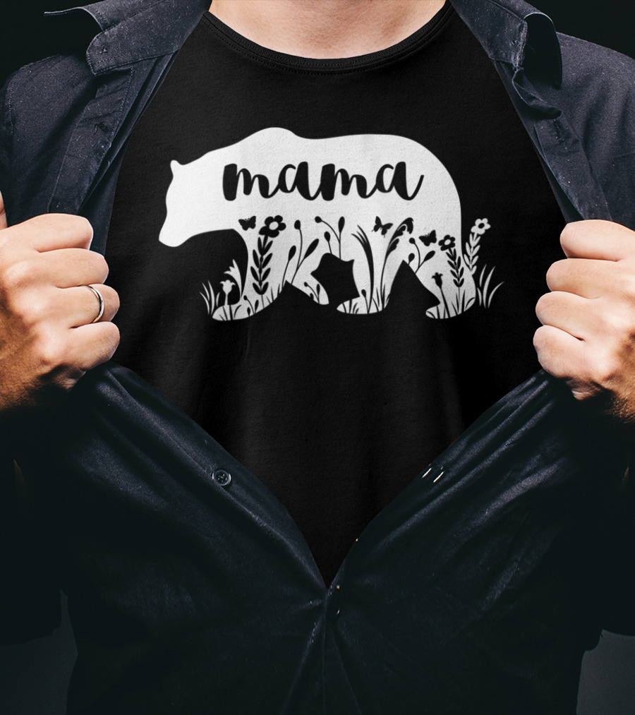 Mama Bear Floral With Flowers And Butterflies Motif T-Shirt