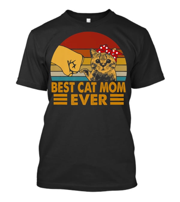 Best Cat Mom Ever Vintage Fist Bump With Cat Bow Stripes T-Shirt