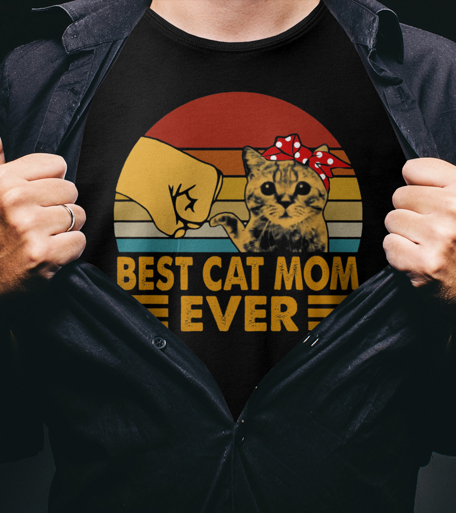 Best Cat Mom Ever Vintage Fist Bump With Cat Bow Stripes T-Shirt