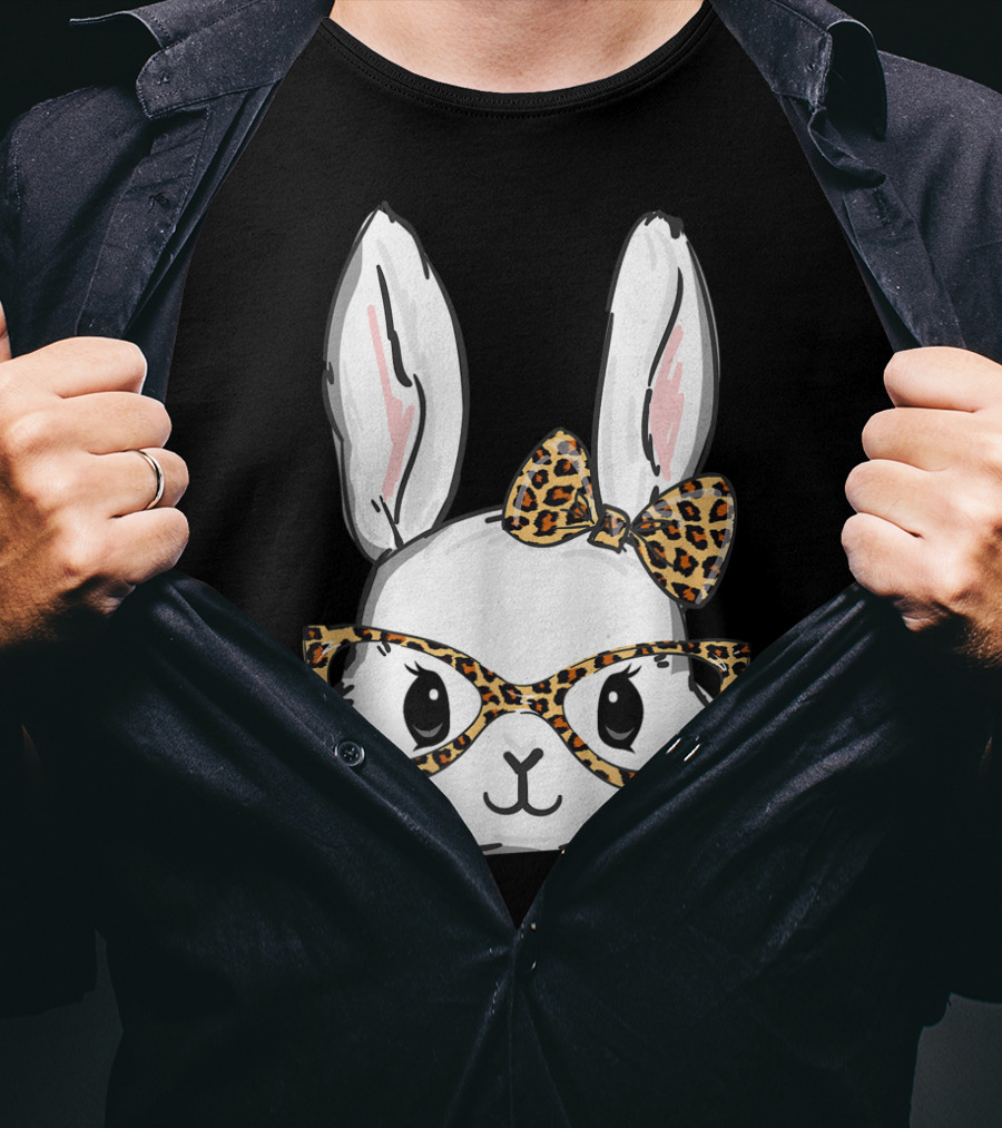 Bunny Rabbit Leopard Glasses Bow Easter T-Shirt