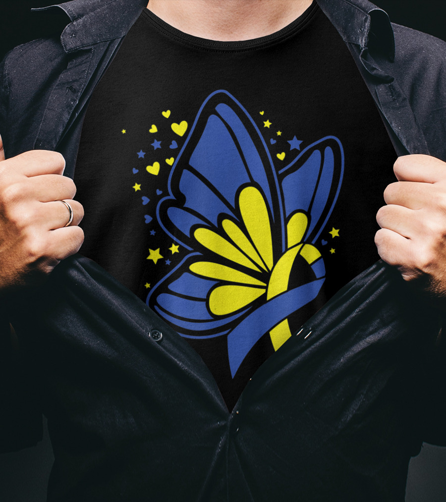 Butterfly T21 World Down Syndrome Awareness Day Ribbon Hearts And Stars T-Shirt